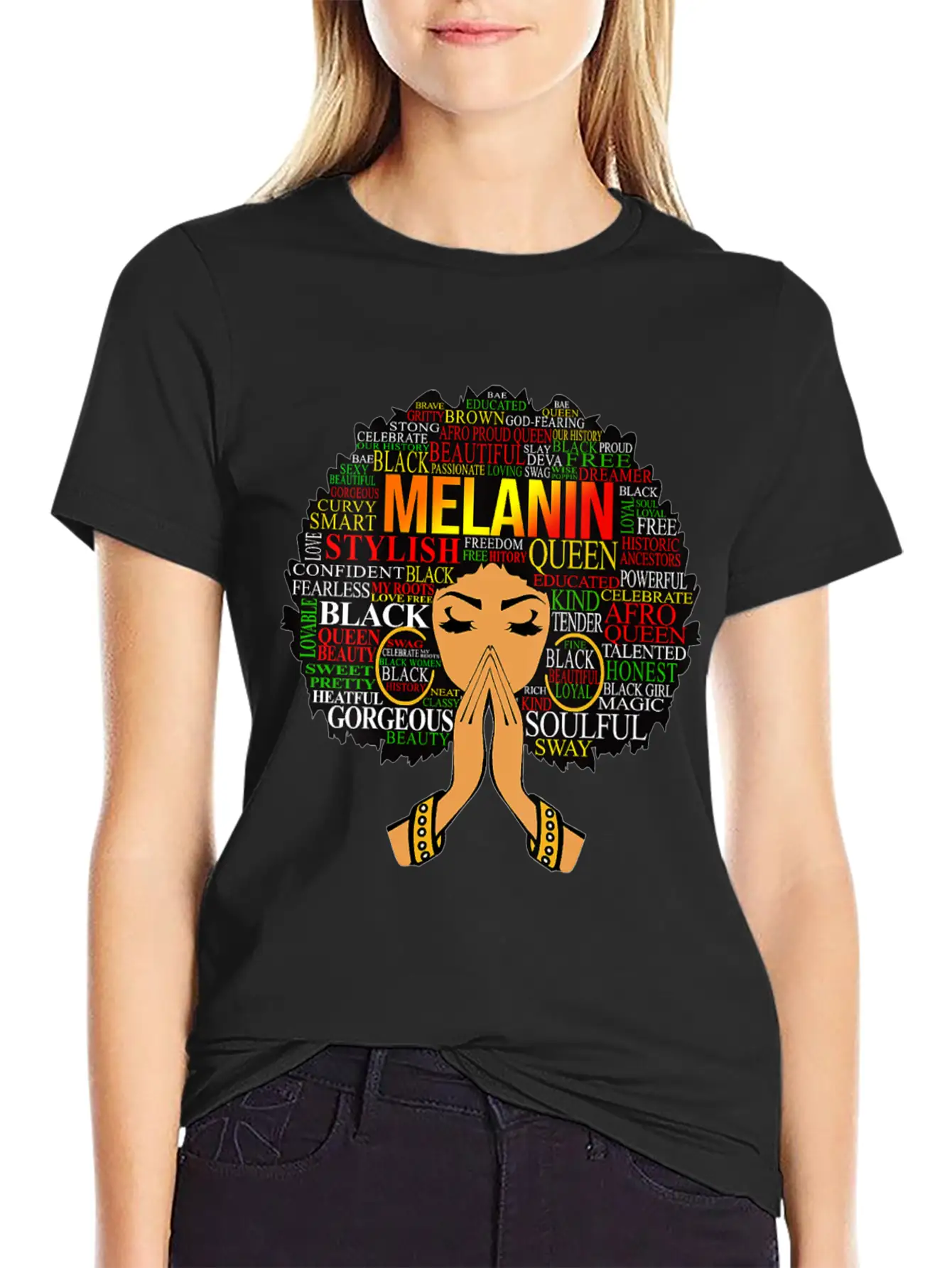 Womens Melanin Words Art Afro Natural Hair Black W Lightweight Cotton T-Shirt – Daily Comfort Graphic Shirt