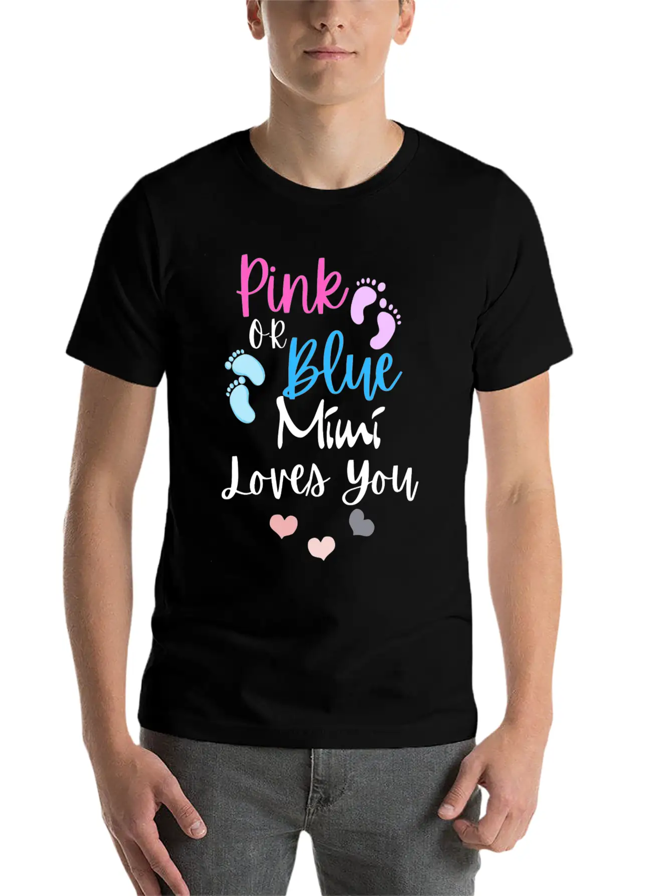 Womens Pink Or Blue Mimi Loves You Gender Reveal, Stylish Everyday T-Shirt – Unisex Basic Cotton Tee