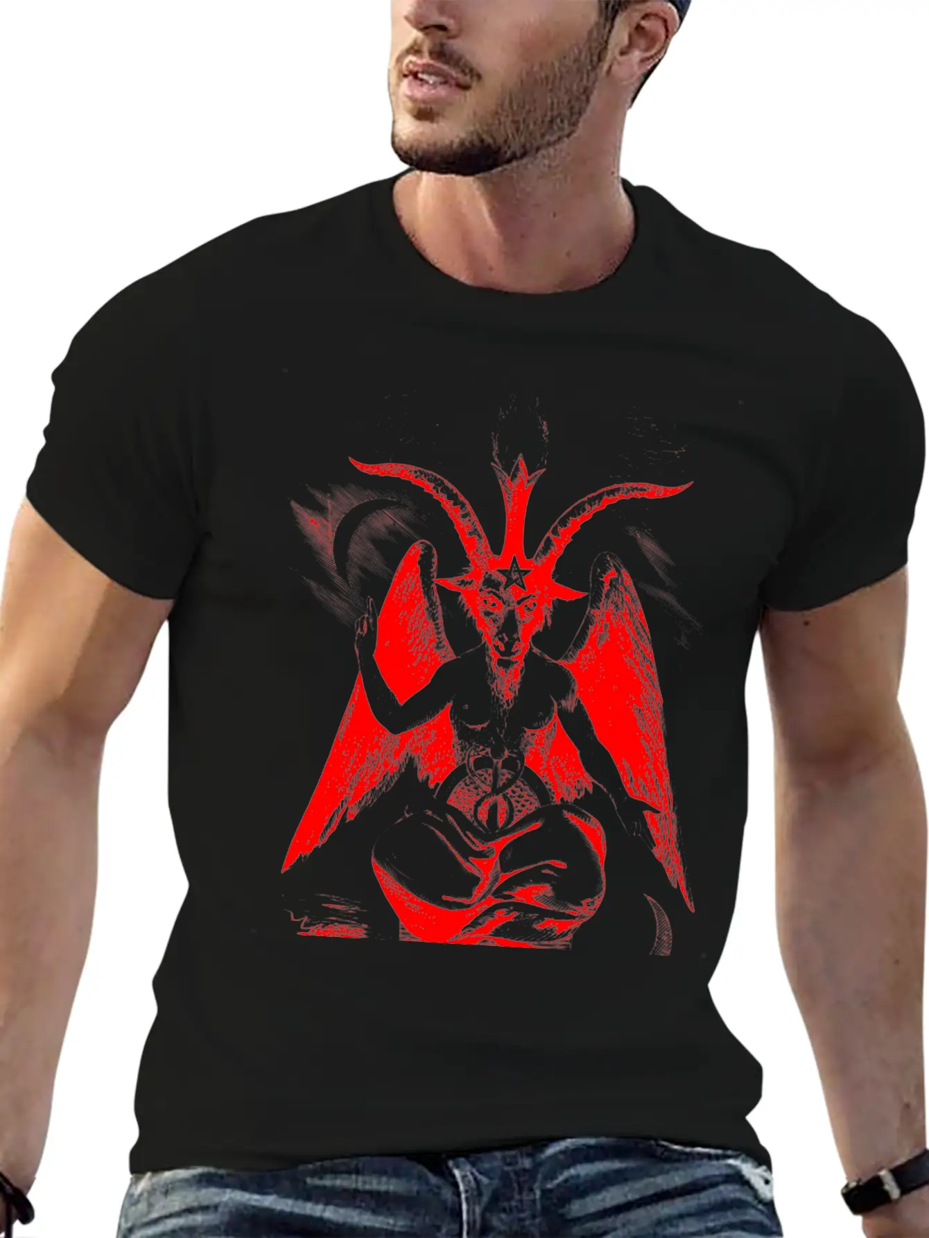 Woodcut, Baphomet - Red Basic Graphic T-Shirt – Daily Comfort In Soft Cotton