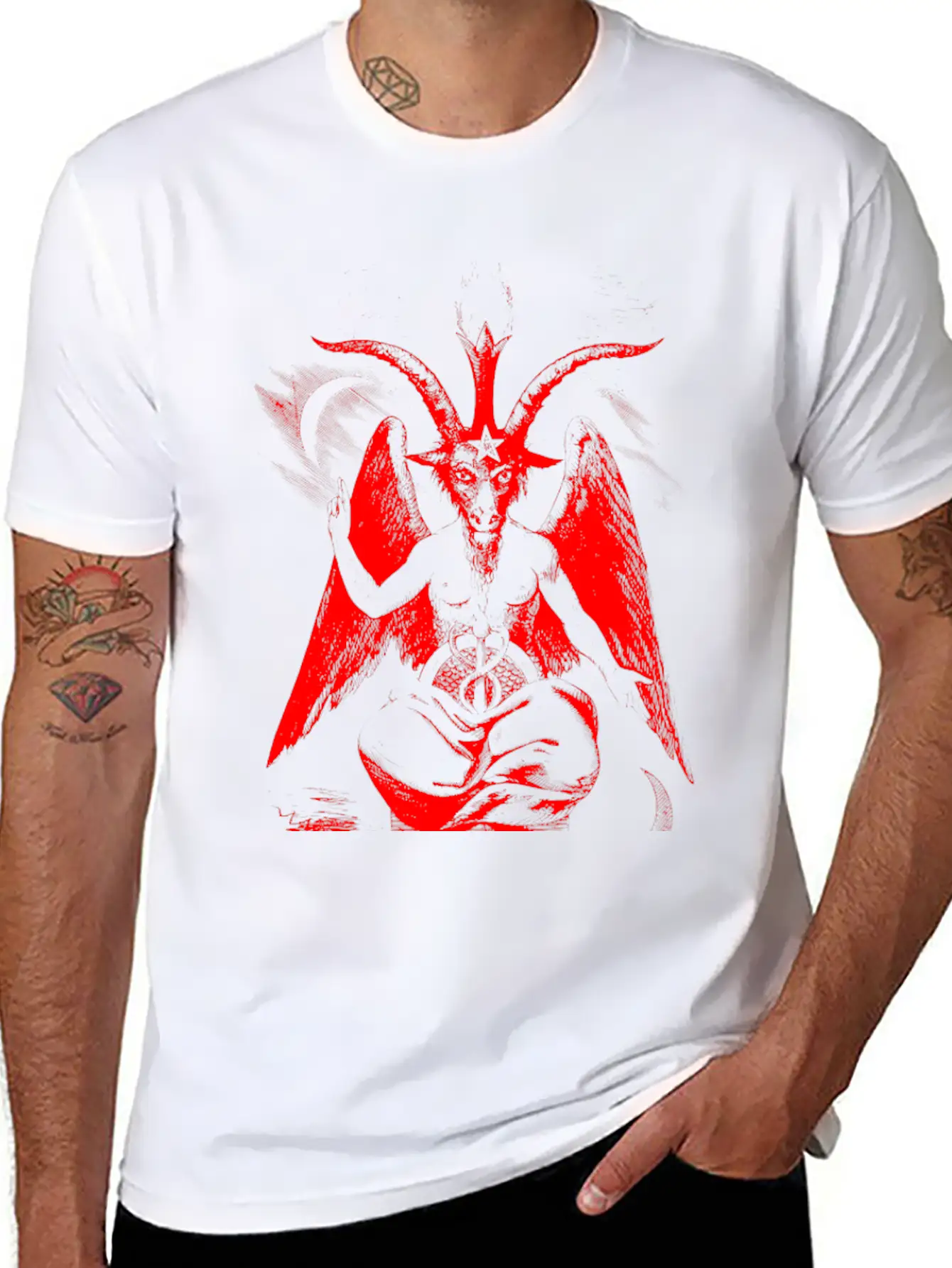 Woodcut, Baphomet - Red Basic Graphic T-Shirt – Daily Comfort In Soft Cotton