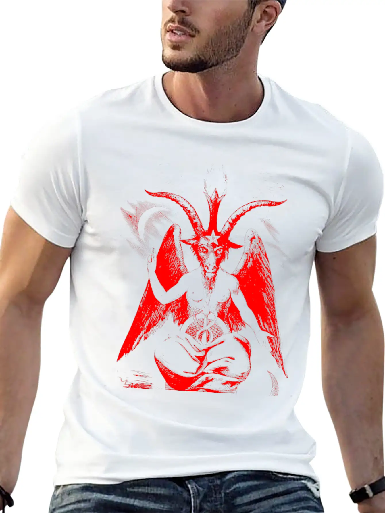Woodcut, Baphomet - Red Basic Graphic T-Shirt – Daily Comfort In Soft Cotton