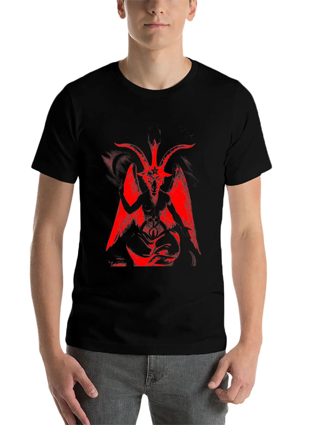 Woodcut, Baphomet - Red Basic Graphic T-Shirt – Daily Comfort In Soft Cotton