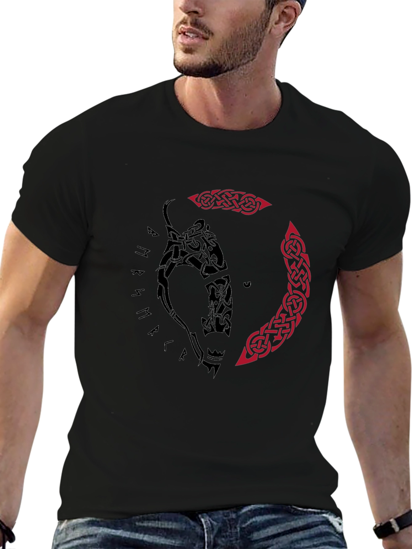Viking Wolf Tattoo Graphic Tee - Black