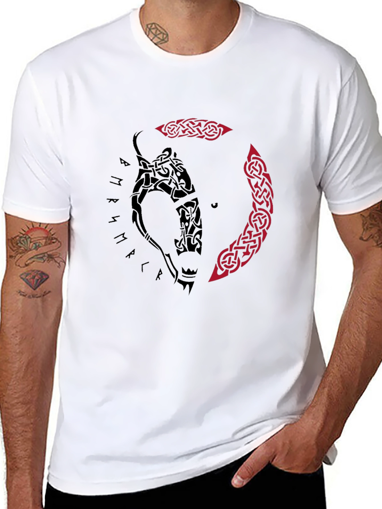 Viking Wolf Tattoo Graphic Tee - Black