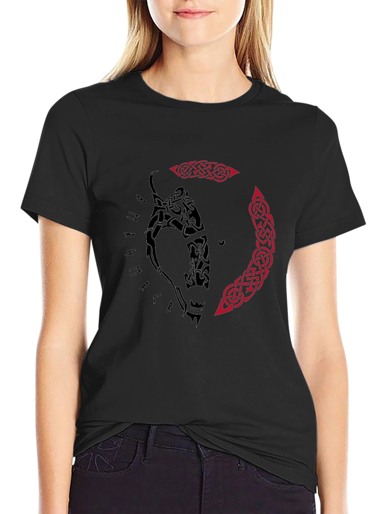 Viking Wolf Tattoo Graphic Tee - Black