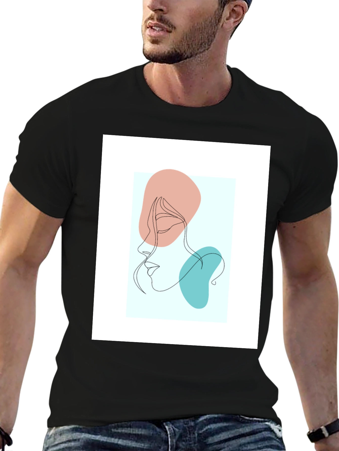 Abstract Face Line Art Black T-Shirt