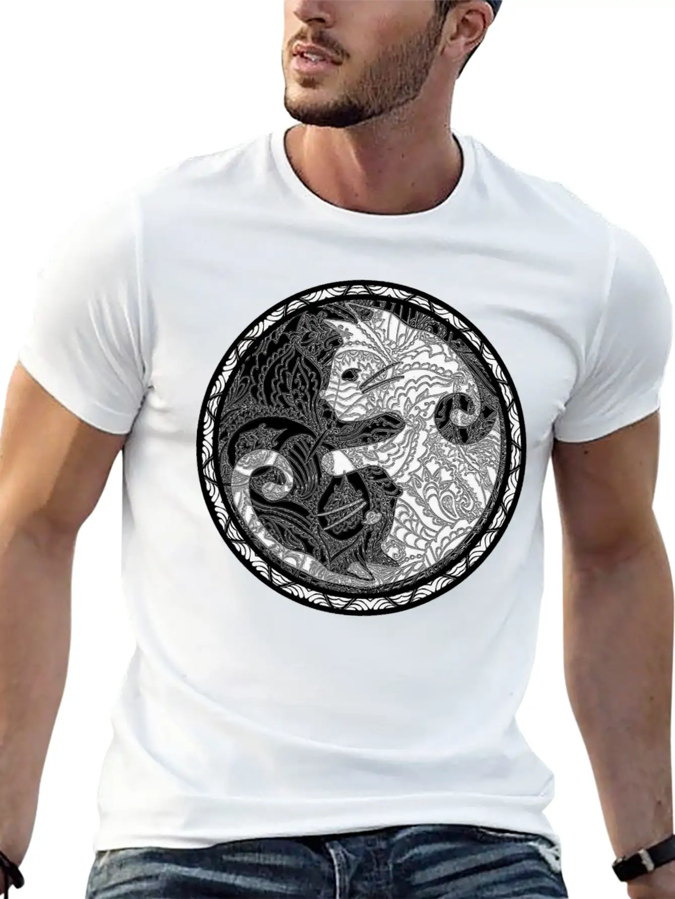 Yin Yang Cats Paisley Print T Shirt Essential Cotton Tee For Daily Outfits – Unisex Style