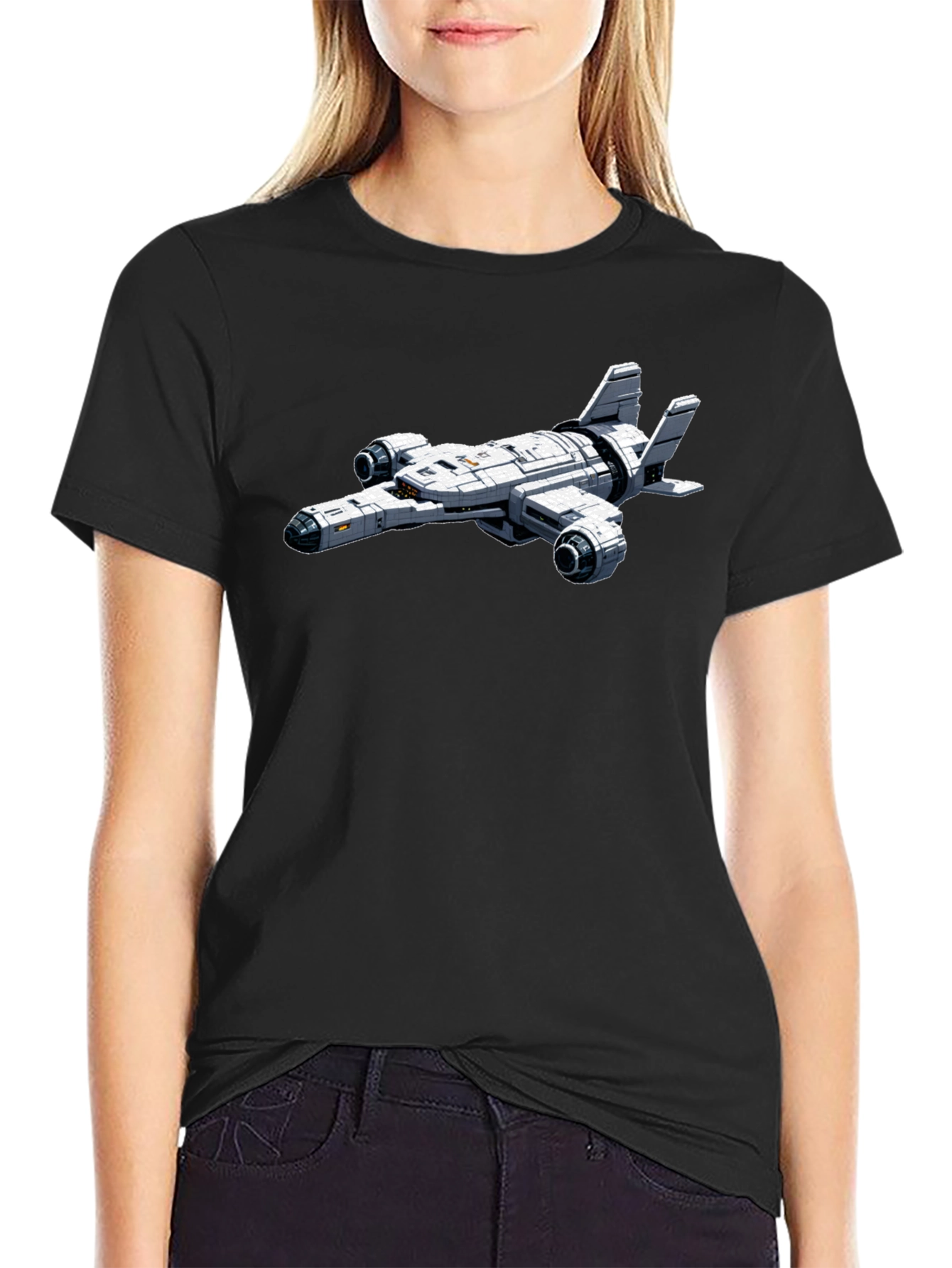 Sci-Fi Spaceship Graphic Black T-Shirt