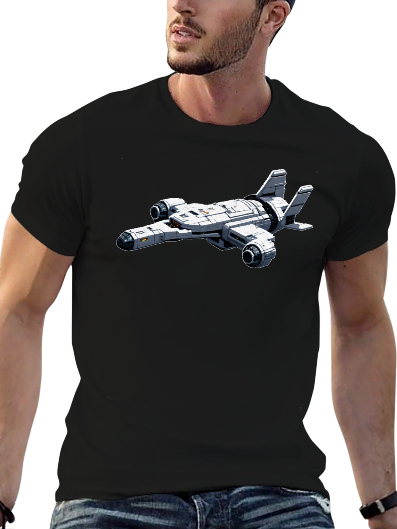 Sci-Fi Spaceship Graphic Black T-Shirt