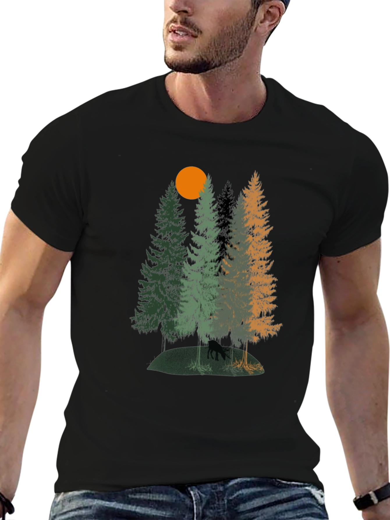 Nature Scene Graphic Tee - Black Cotton T-Shirt