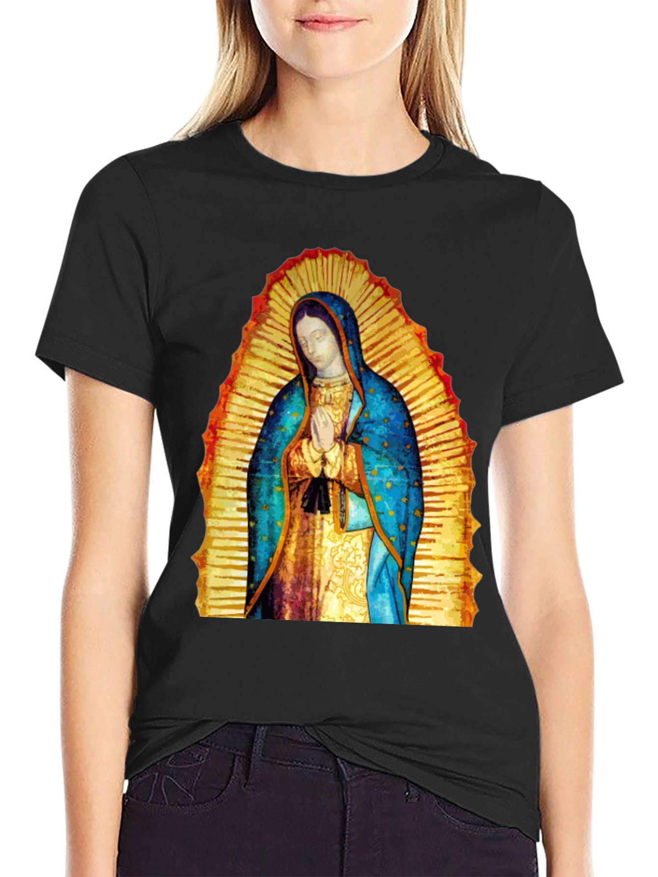 Virgin Mary Graphic Tee - Black Cotton Blend